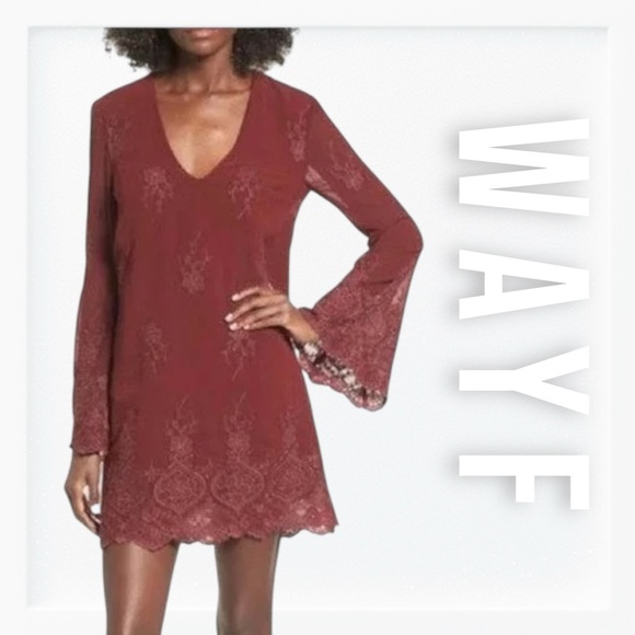 Wayf Dresses & Skirts - Wayf Burgundy Embroidered Flair Sleeved Dress sz S